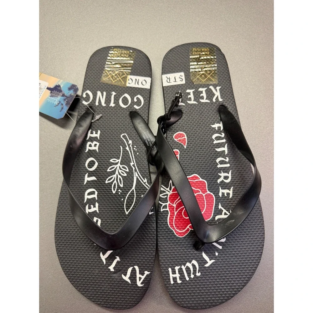 Primark Surf Mens Flip Flops Black Rose Graphic Keep Going Strong Size 11/12 NEW